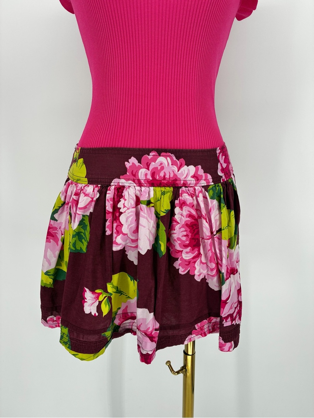 ABERCROMBIE & FITCH Floral Mini Skirt Smocked Waist Burgundy Pink S - Picture 11 of 13
